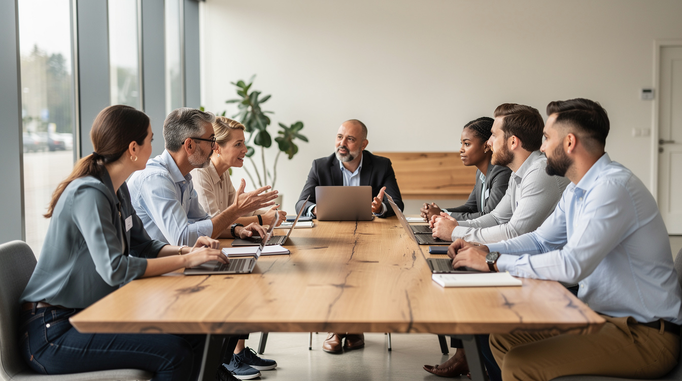 Diverse Belgian office team discussing organizational culture in a meeting room
